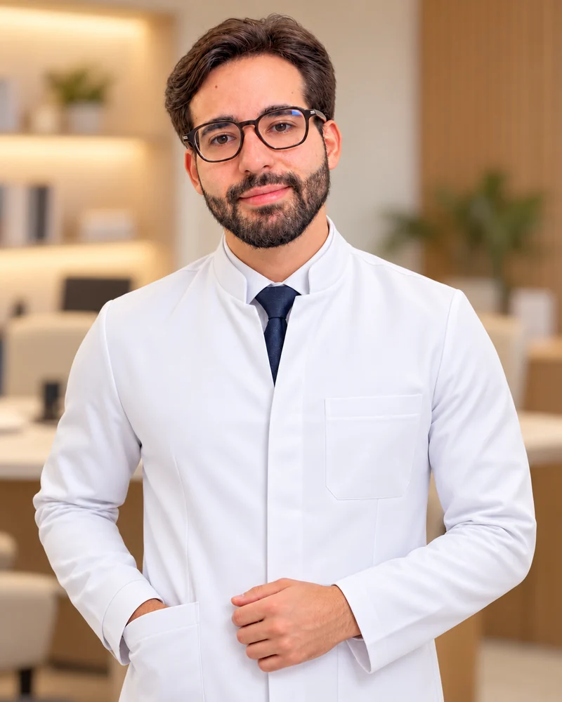 Dr. Matheus Busnardo de jaleco branco, com fundo de consultório desfocado